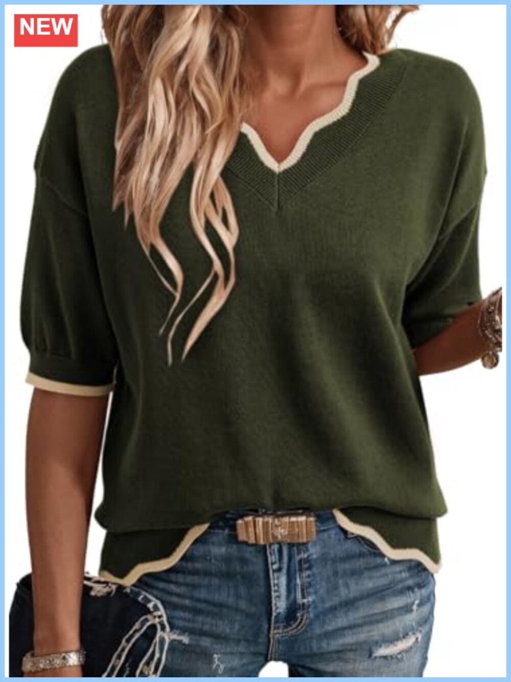 Cotton Knit Pullover Sweater, V-Neck Short Sleeve